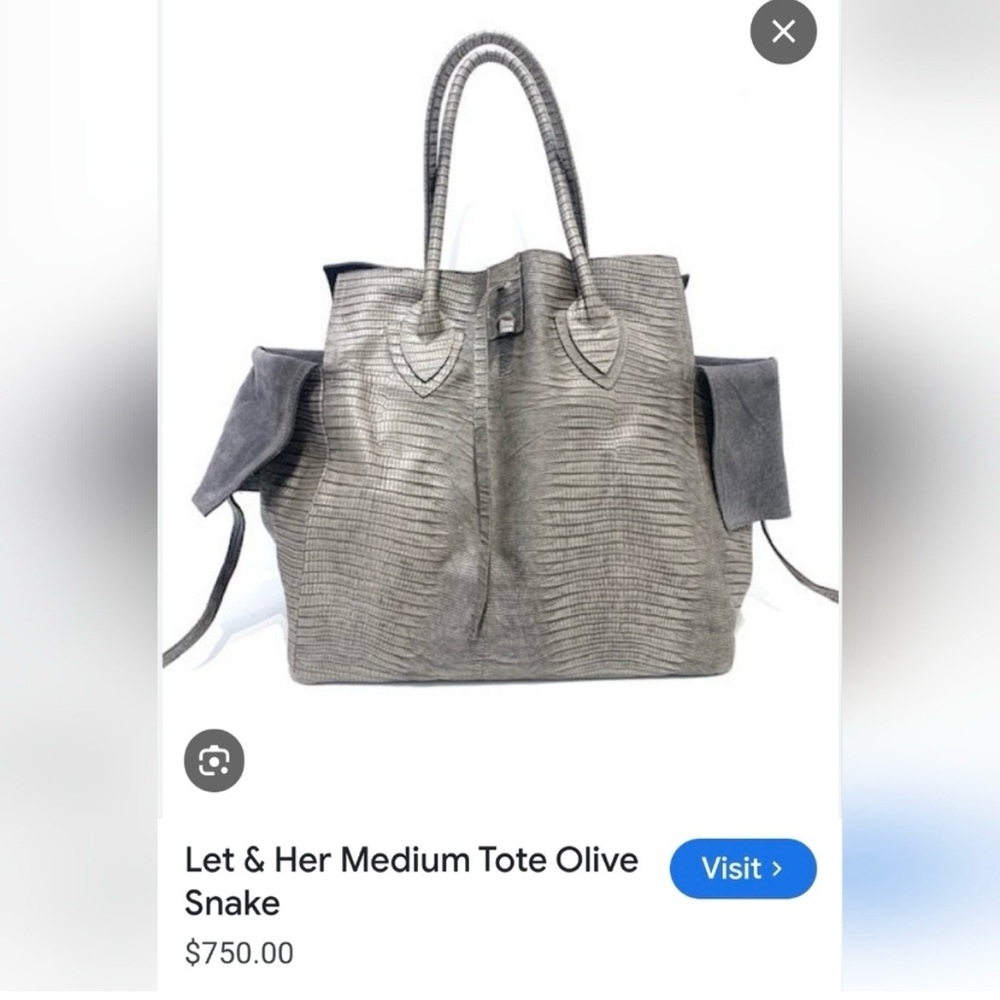 LET & HER Grey/Olive Snake Print Leather Tote Bag